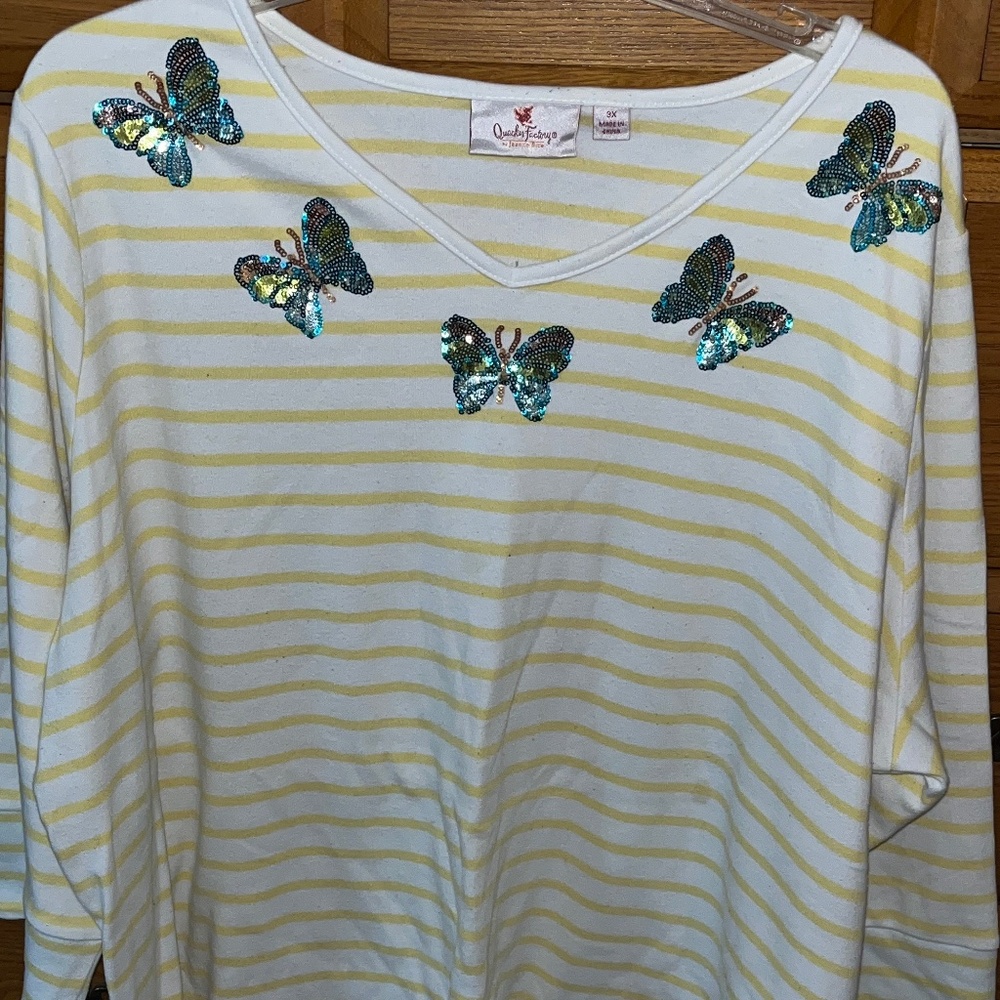 Quaker Factory Yellow & White Striped Top w/Sequined Butterflies around Neckline